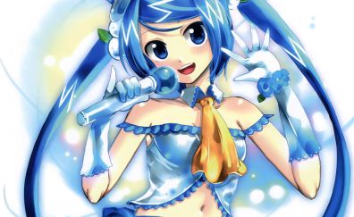 Blue hair anime girl, cute, sing, original