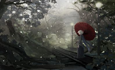 Art, umbrella, anime girl, outdoor