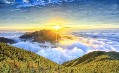 Sunrise, mountains, valley, nature, clouds, skyline