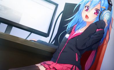 Blue hair anime girl, head phone, original