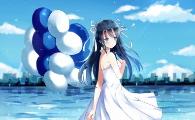 Balloons, white dress, anime girl, original