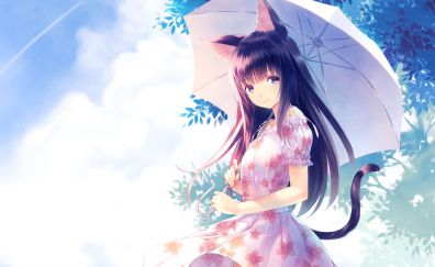 Cute anime girl, pink dress, umbrella