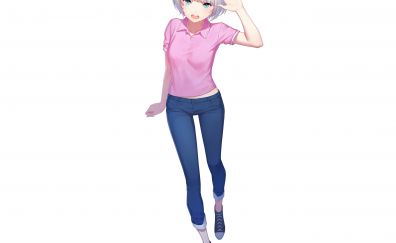 Original, white hair, anime girl, jeans, minimal