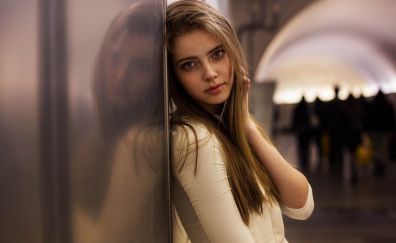 Girl, model, leaning to wall, blonde, reflections 