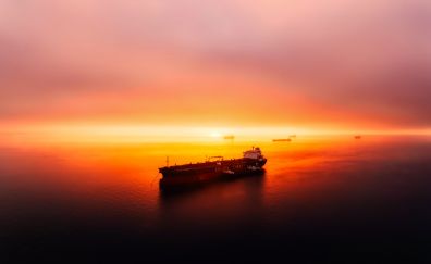 Sunset, cargo ship, sky, sea