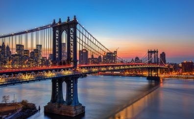 Manhattan Bridge, Suspension bridge, sunset, new york, city, lights