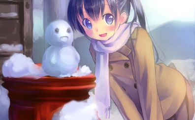 Scarf, play, winter snow, anime girl