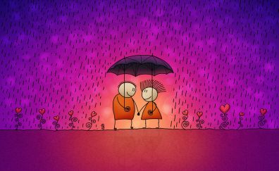 Funny cartoon love couple in the rain