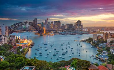Sydney, Sydney harbour, Bridge, city, skylines, sea, sunset