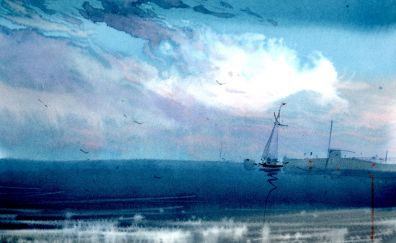 Ship, sea, blue sky, art