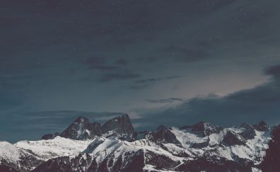 Snow mountains, night, starry sky, 4k