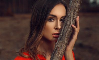 Brunette, girl model, stare, red dress