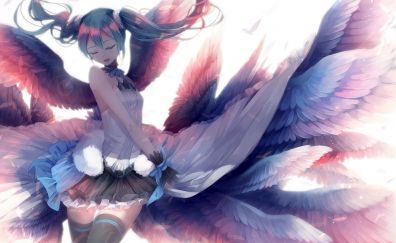 Hatsune miku, anime girl, close eyes, wings