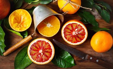 Oranges, citrus fruits, leaves, slices
