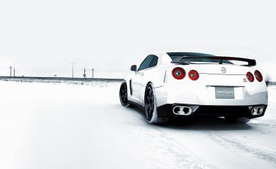Nissan sports car, white car, rear view