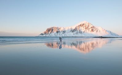 Astronaut, beach, winter, space suit, mountains, reflections, 4k