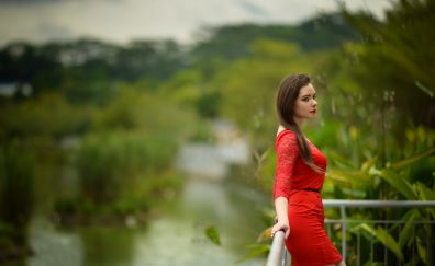 Red dress, outdoor, brunette, girl model