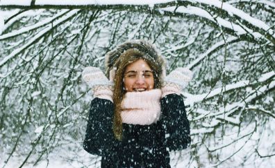 Winter, snowfall, girl model, outdoor