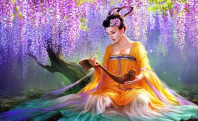 Blossom, fantasy, asian woman, artwork