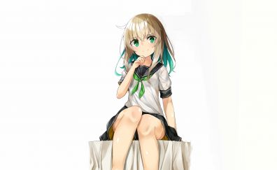 Sitting, original, anime girl, green eyes, school uniform