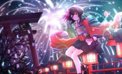 Anime girl, fireworks, japanese traditional dress, celebration