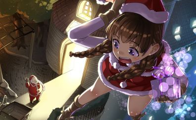 Santa, anime girl, Christmas, flight, original