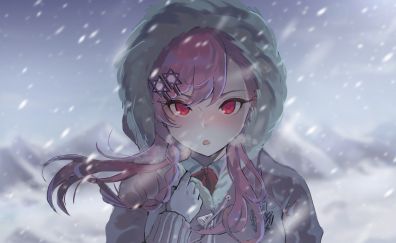 Pink hair, anime girl, winter