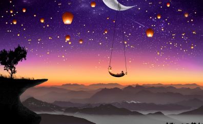 Couple, moon, horizon, lanterns, fantasy, night