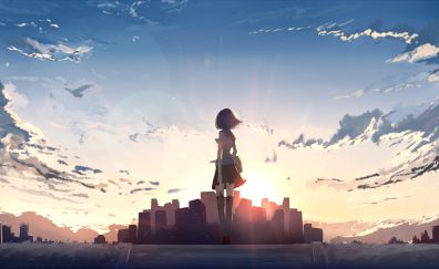 Alone, anime girl, cityscape