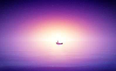 Alone, fishing, boat, sunrise, bright purple sea