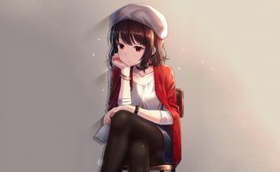 Red eyes, cute anime girl, sitting, original