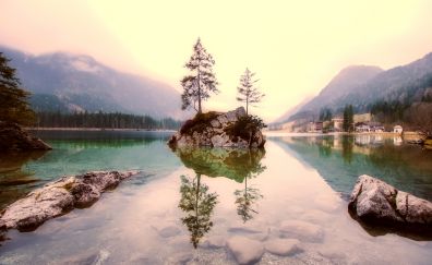 Lake, mountains, reflections, rocks, tree, nature