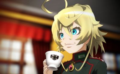 Tanya Degurechaff drinking tea, anime girl, blonde anime