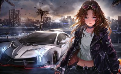 Car n anime girl, urban, art