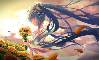 Quite, anime girl, hatsune miku, sunflowers