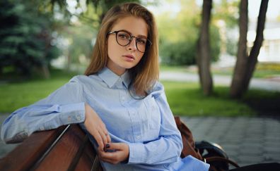 Girl model, garden, glasses, sit, bench