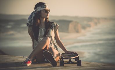 Skateboard, girl, model, outdoor, sunglasses