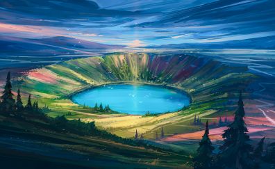 Lake, crater, high, sunset, art