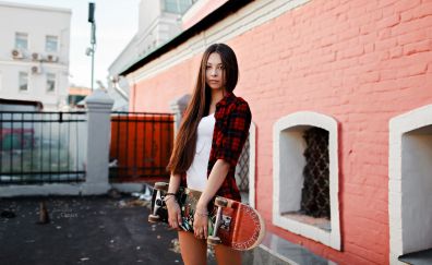 Skateboard, girl model, short jeans