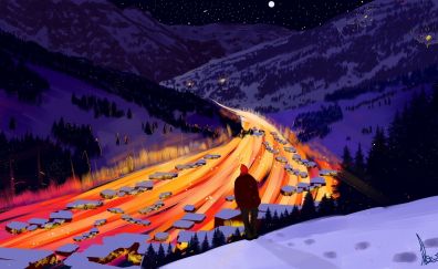 Orange roads, mountain, fantasy, art