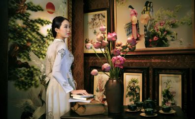 Asian, girl model, traditional dress, flowers vase