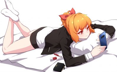 Play with phone, anime girl, lying down, original