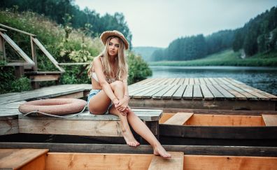 Short jeans, sitting, dock, lake, girl model