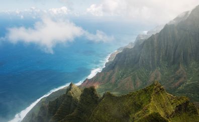 Hawaii mountains, valley, beach, aerial view