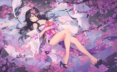 Lying down, anime girl, swans, blossom, original