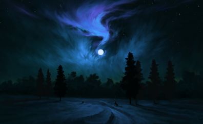Moon, dark night, tree, silhouette, wolf