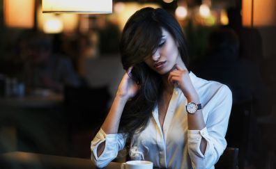 Long hair girl, model, drinking tea, wristwatch