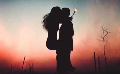 Couple, lovers, kiss, sunset, hd