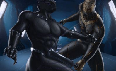 Black panther and erik killmonger, fight, 2017, artwork