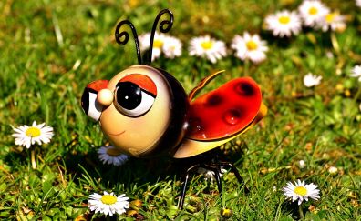 Ladybug, insect toy, grass, wild flowers